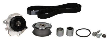Distributie - Set distributie potrivit AUDI A1, A3, A4 B6, A4 B7, A6 C6, TT; SEAT ALTEA, ALTEA XL, EXEO, EXEO ST, LEON, TOLEDO III; VW EOS, GOLF V 2.0 2002-2017 (curea + intinzator + pompa apa)