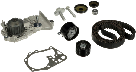 Distributie - Set distributie potrivit DACIA DUSTER, DUSTER/SUV, LOGAN, LOGAN MCV, SANDERO; LADA LARGUS; NISSAN KUBISTAR; RENAULT CLIO II, CLIO III 1.4-1.6LPG dupa 1997 (curea + intinzator + pompa apa)