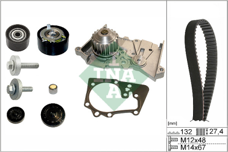 Set distributie potrivit RENAULT CLIO III, FLUENCE, GRAND SCENIC II, GRAND SCENIC III, LAGUNA II, LAGUNA III, MEGANE, MEGANE I 1.6/1.6ALK/1.6LPG dupa 2001 (curea + intinzator + pompa apa) [1]