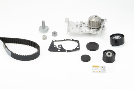 Set distributie potrivit RENAULT CLIO III, FLUENCE, GRAND SCENIC II, GRAND SCENIC III, LAGUNA II, LAGUNA III, MEGANE, MEGANE I 1.6/1.6ALK/1.6LPG dupa 2001 (curea + intinzator + pompa apa) [1]