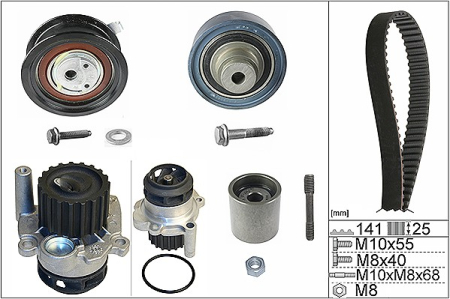 Set distributie potrivit SEAT CORDOBA, IBIZA III, LEON, TOLEDO II; SKODA FABIA I, FABIA I PRAKTIK, OCTAVIA I, SCALA; VW BORA I 1.6D/1.9D/2.5D dupa 1997 (curea + intinzator + pompa apa) [1]