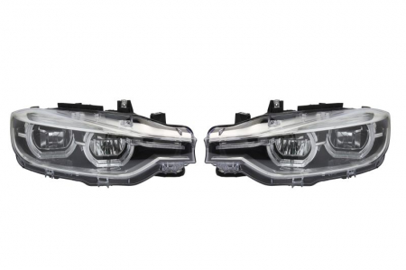 Faruri - Set faruri stanga/dreapta potrivit BMW 3 F30, F31, F80 2011-2019 (H7/PY21W, electric, cu motoras, tuning, culoare interior: negru)