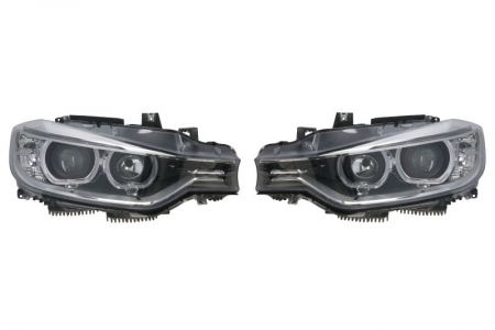 Faruri - Set faruri stanga/dreapta potrivit BMW 3 F30, F31, F80 2011-2019 (H7/PY21W, electric, cu motoras, tuning, culoare interior: negru)