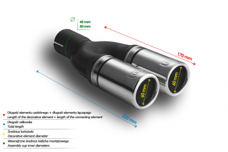 Piese Auto - Teava evacuare sport dublu esapament rotund otel inoxidabila diametru 60mm, lungime 170mm, diametru  montaj 50mm