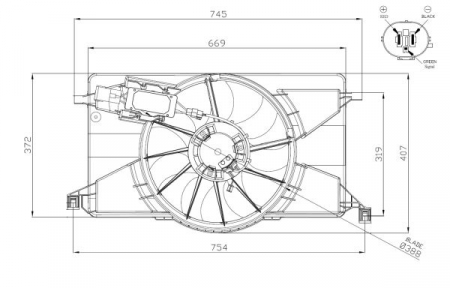 Ventilator - Ventilator radiator (cu carcasa) potrivit FORD C-MAX II, FOCUS III, FOCUS III/HATCHBACK, GRAND C-MAX 1.0-Electric 04.10-02.20