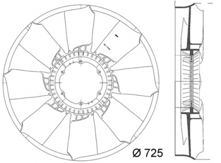 Ventilator - Ventilator radiator (diameter 725mm, numar lame 8) potrivit MERCEDES ATEGO, ATEGO 2, AXOR, AXOR 2, UNIMOG OM457.910-OM926.999 01.98-