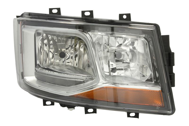 Far dreapta potrivit SCANIA G II, L, P II, R II, S dupa 2017 (2 H7 H21W LED, manual, cu lumina de zi, culoare insert: crom platinat)