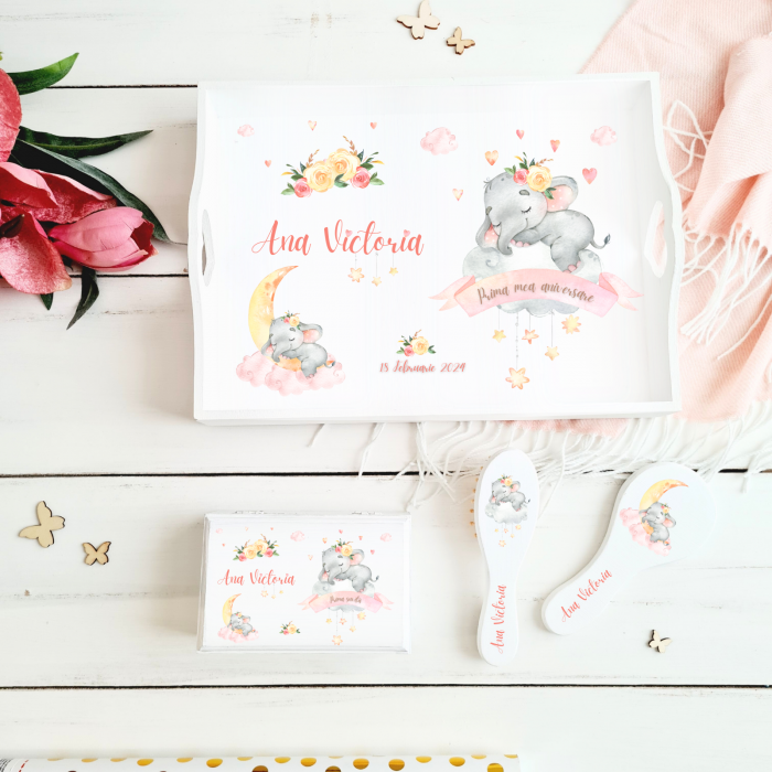     Set aniversare 1 An personalizat - Sleepy Elephant - Tavita mot si accesorii [1]