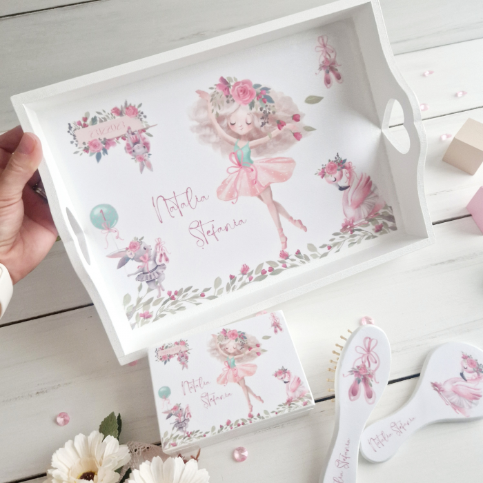Pink Ballet - Set prima aniversare – Tava mot, cutie, perie si oglinda [2]