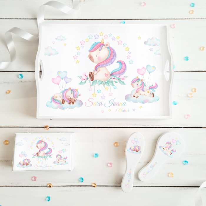 Unicorn Story - Set Aniversare 1An – Tava mot, cutie, perie si oglinda [1]
