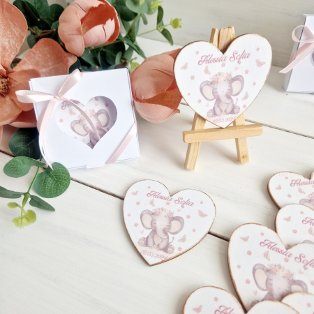 Botez - Baby Elephant - Mărturie botez inimă lemn - Marturii magneti personalizati