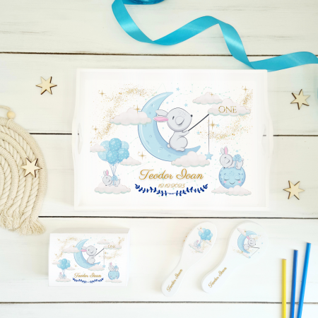 Aniversare 1An - Blue Bunnies - Set Tava mot, cutie, perie si oglinda - Aniversare 1An
