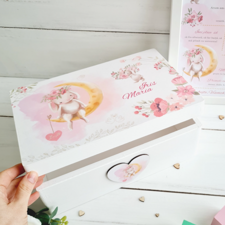 Botez - Bunnies In Love - Cutie lemn personalizata de pastrat amintiri – Cutie trusou botez