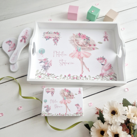 Aniversare 1An - Pink Ballet - Set prima aniversare – Tava mot, cutie, perie si oglinda