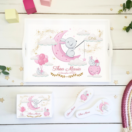 Aniversare 1An - Pink Bunnies - Set Tava mot, cutie, perie si oglinda - Aniversare 1An
