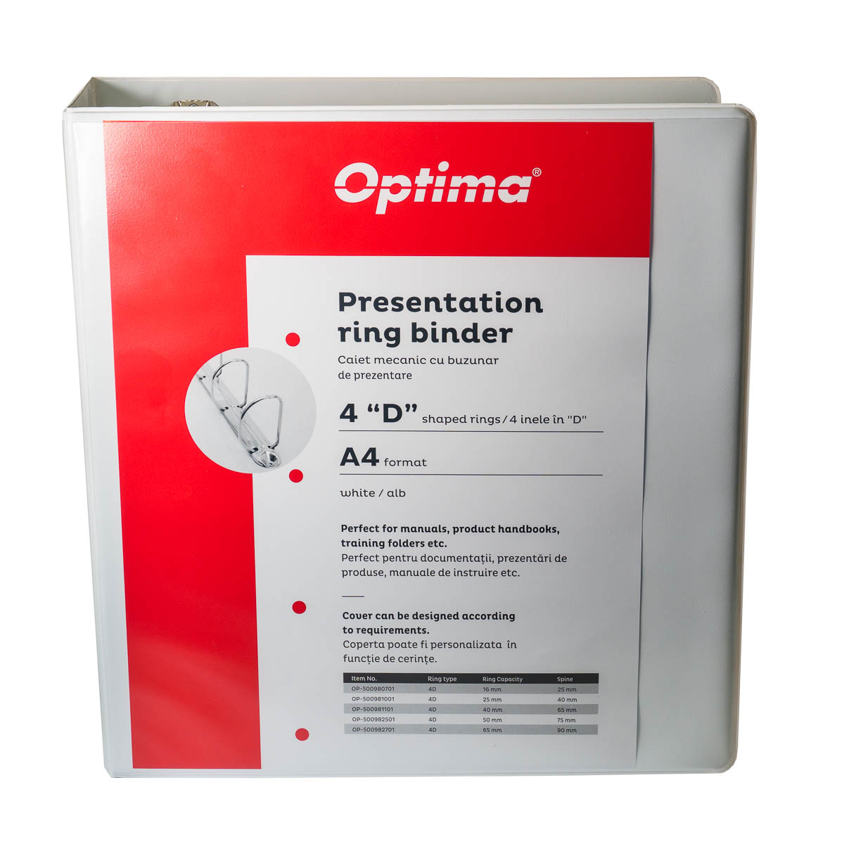 Caiete mecanice - Caiet mecanic cu buzunar, plastifiat PP, 4 inele in "D", 65 mm, cotor 90mm, Optima - alb