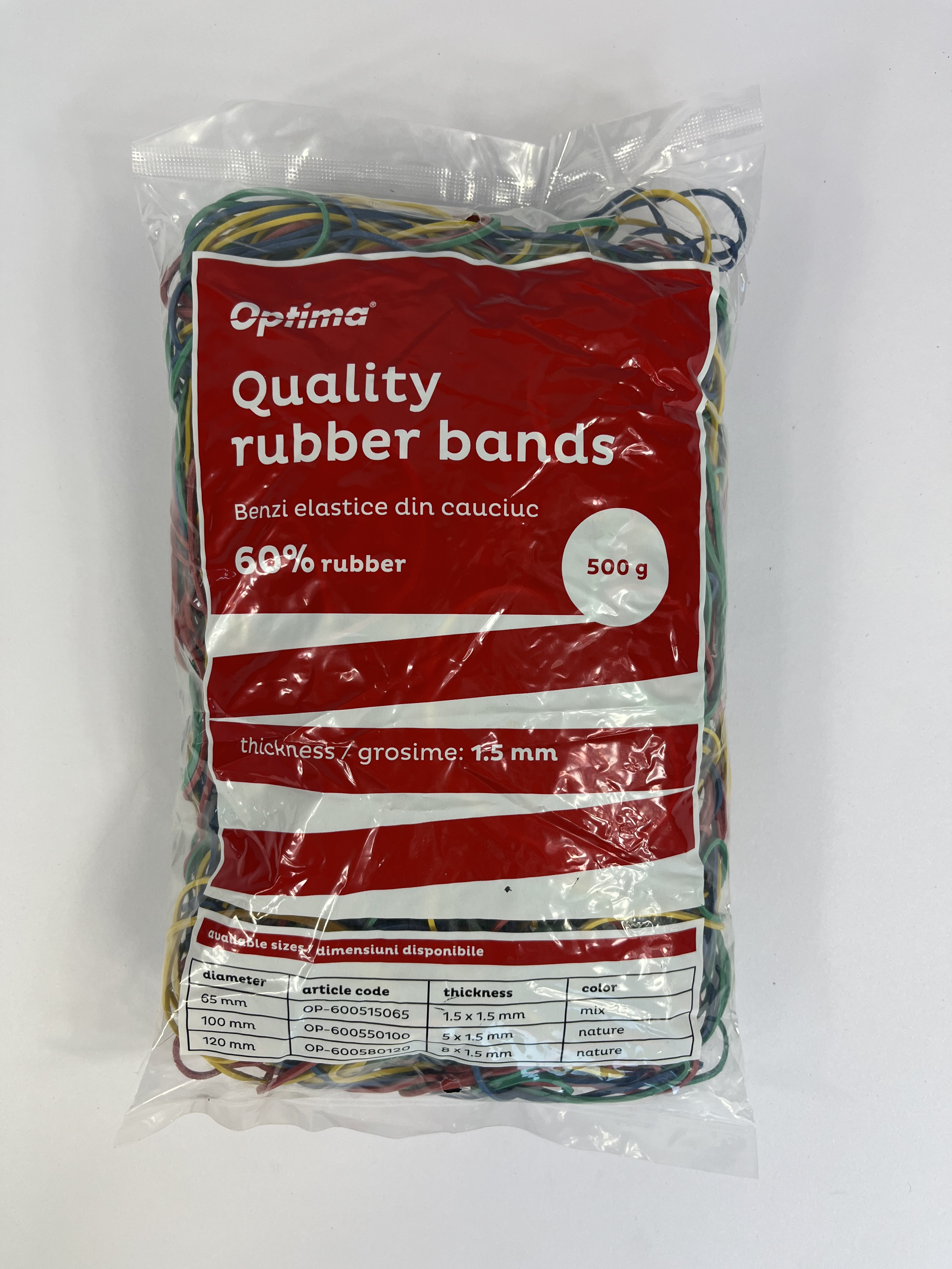 Buretiere, elastice - Elastice pentru bani, 60% cauciuc, 500gr/punga, D 65, grosime 1.5mm x 1.5mm, Optima -culori asortate