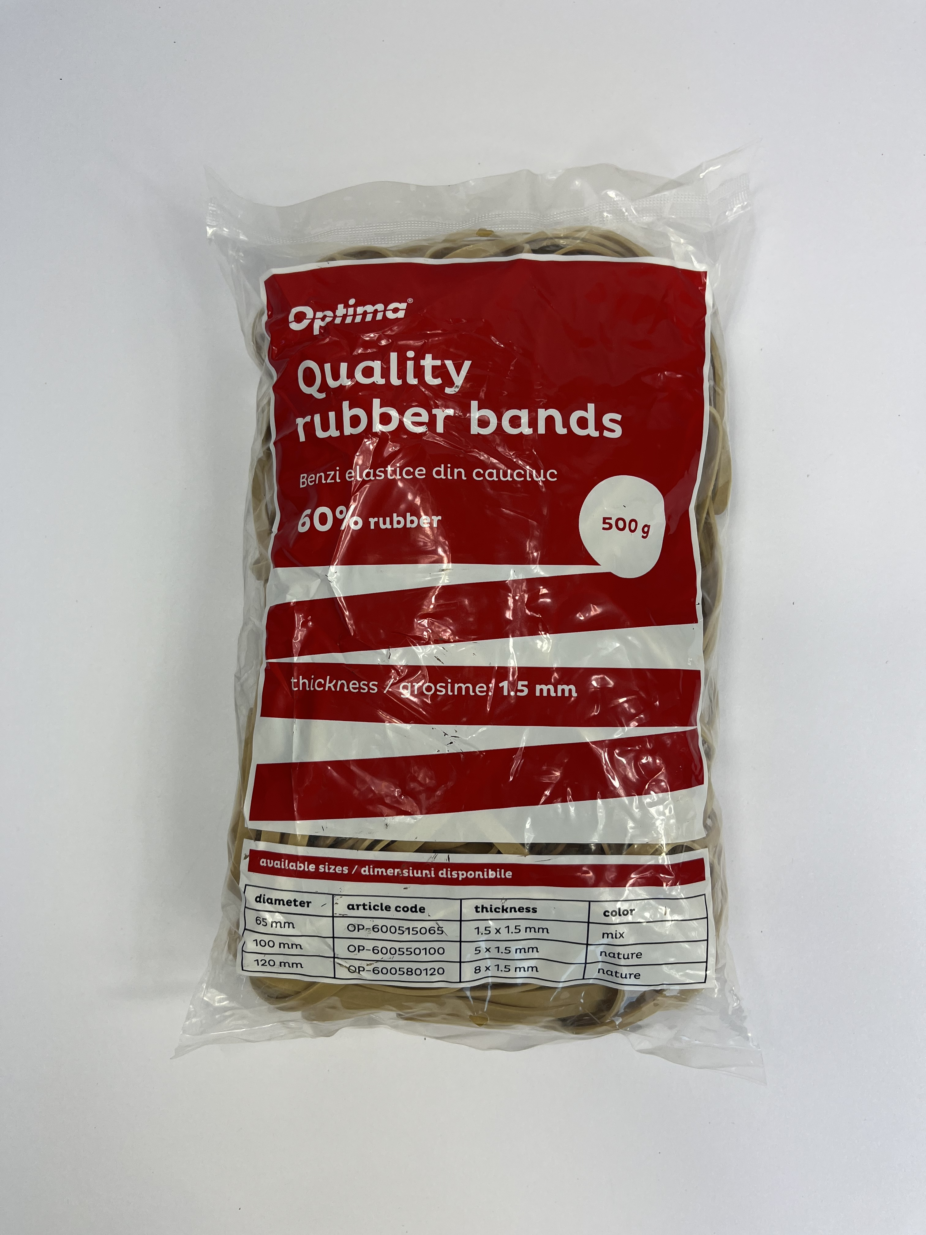 Buretiere, elastice - Elastice pentru bani, 60% cauciuc, 500gr/punga, D100, grosime 5mm x 1.5mm, Optima - natural