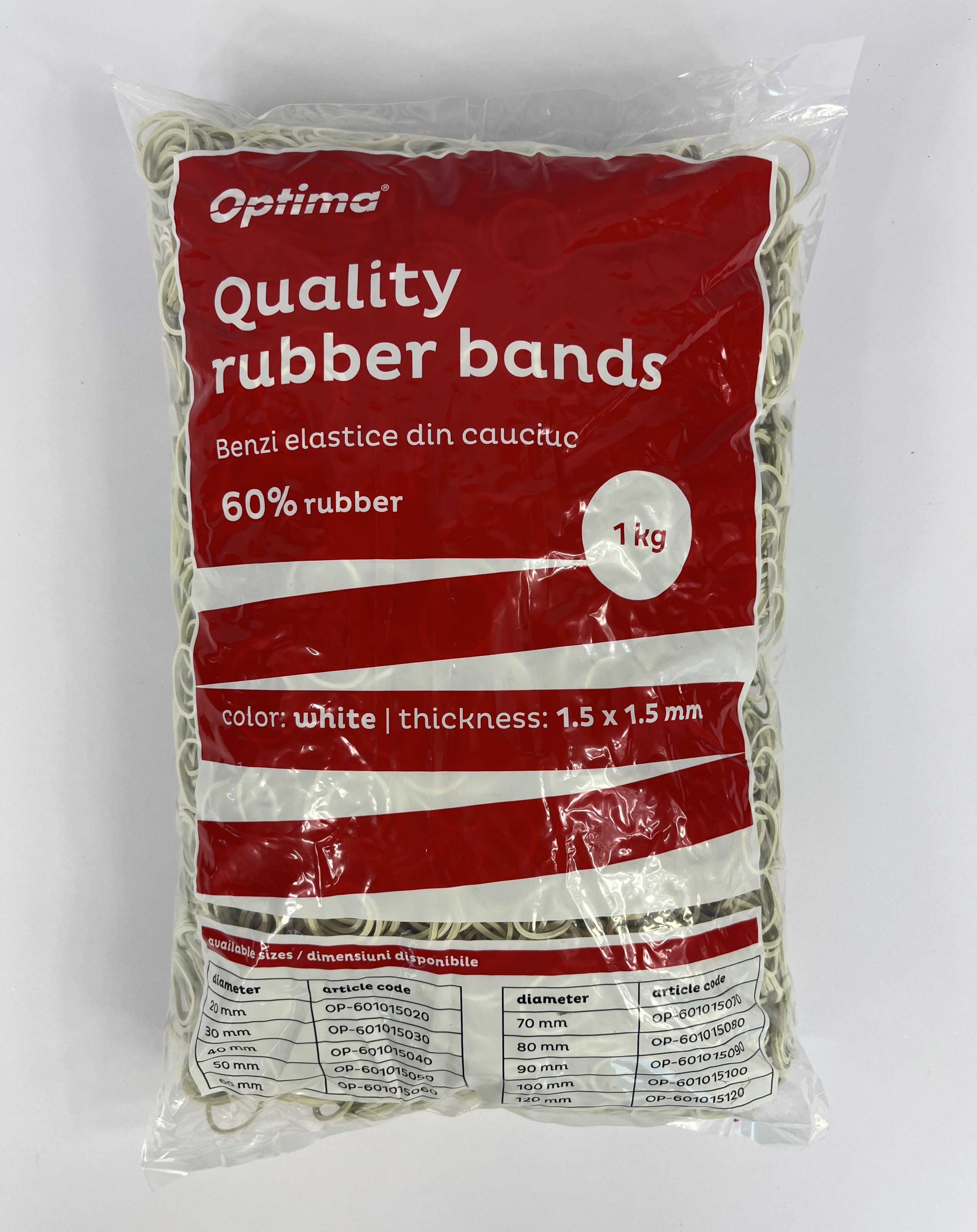 Buretiere, elastice - Elastice pentru bani, 60% cauciuc, 1kg/punga, D 20, grosime 1.5mm x 1.5mm, Optima - albe