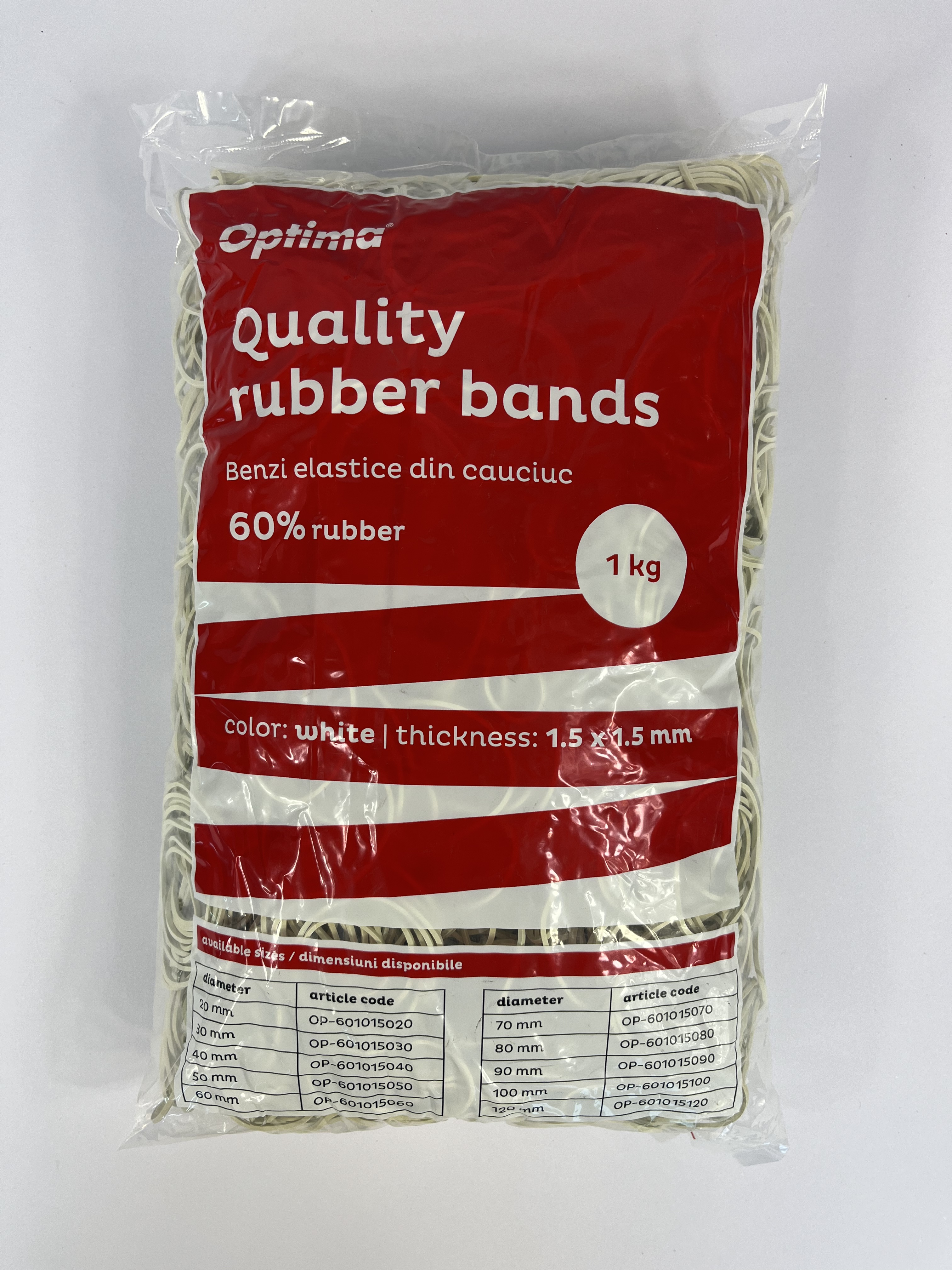 Buretiere, elastice - Elastice pentru bani, 60% cauciuc, 1kg/punga, D 30, grosime 1.5mm x 1.5mm, Optima - albe