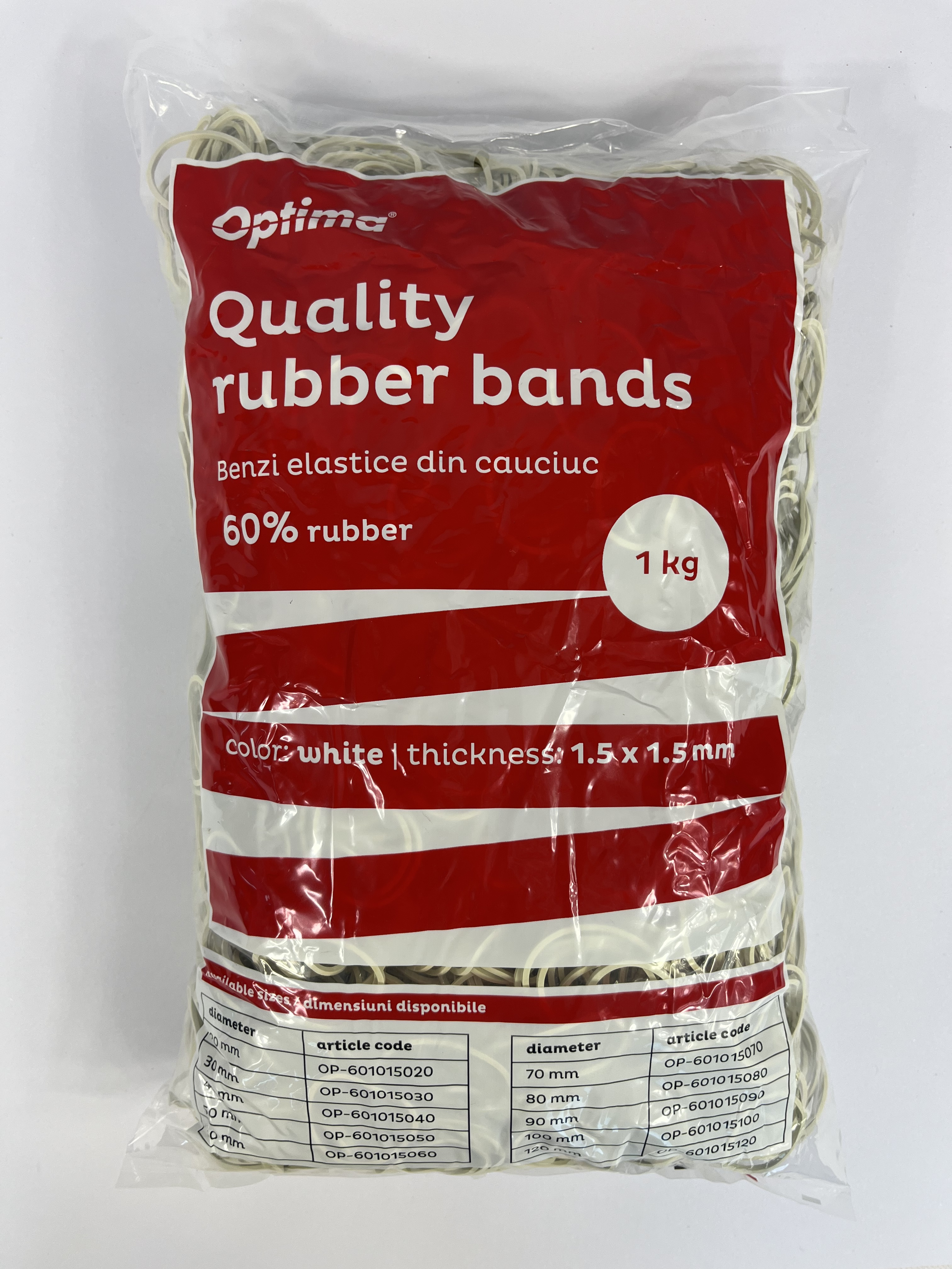 Buretiere, elastice - Elastice pentru bani, 60% cauciuc, 1kg/punga, D 40, grosime 1.5mm x 1.5mm, Optima - albe