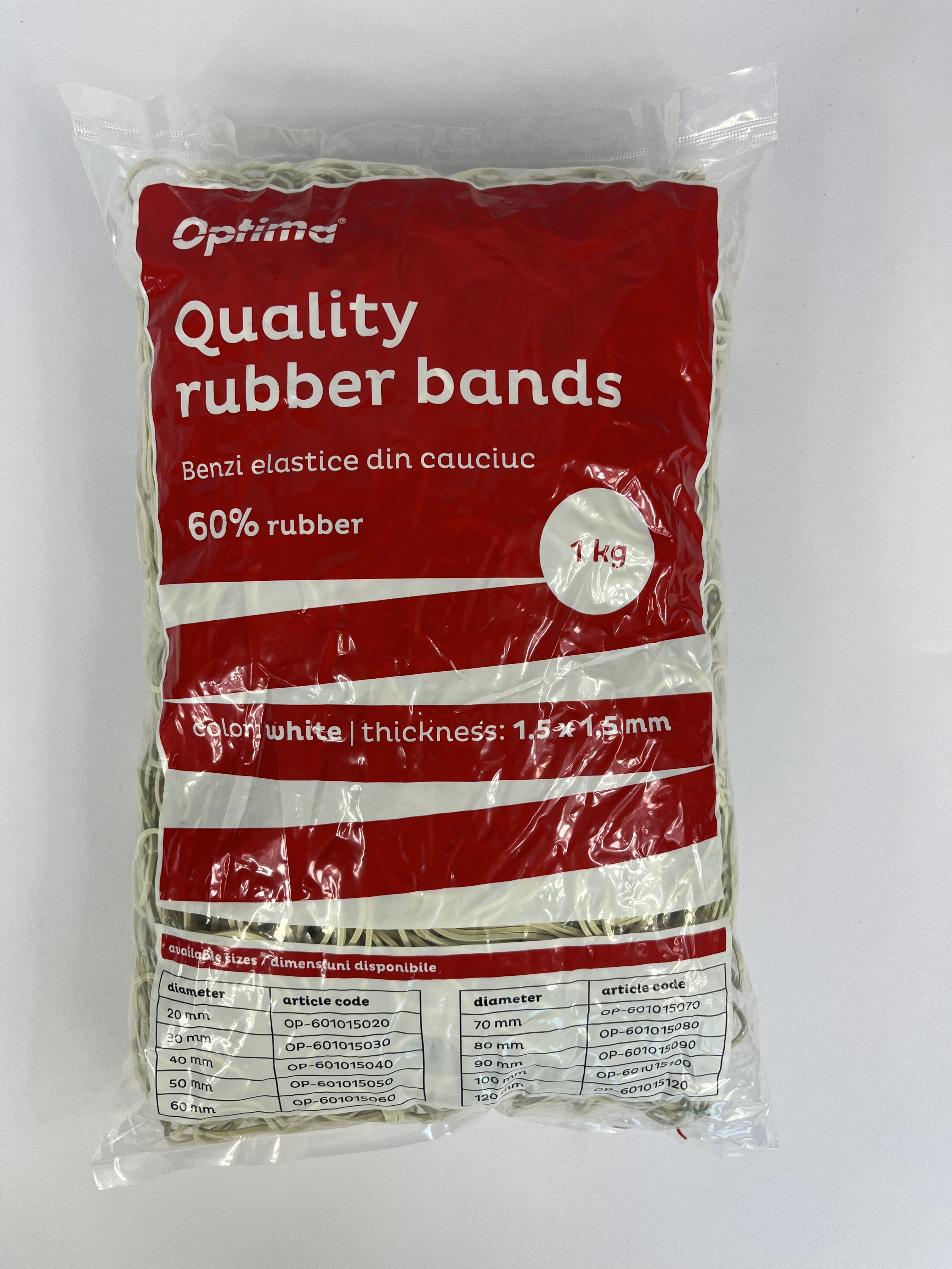 Buretiere, elastice - Elastice pentru bani, 60% cauciuc, 1kg/punga, D 50, grosime 1.5mm x 1.5mm, Optima - albe