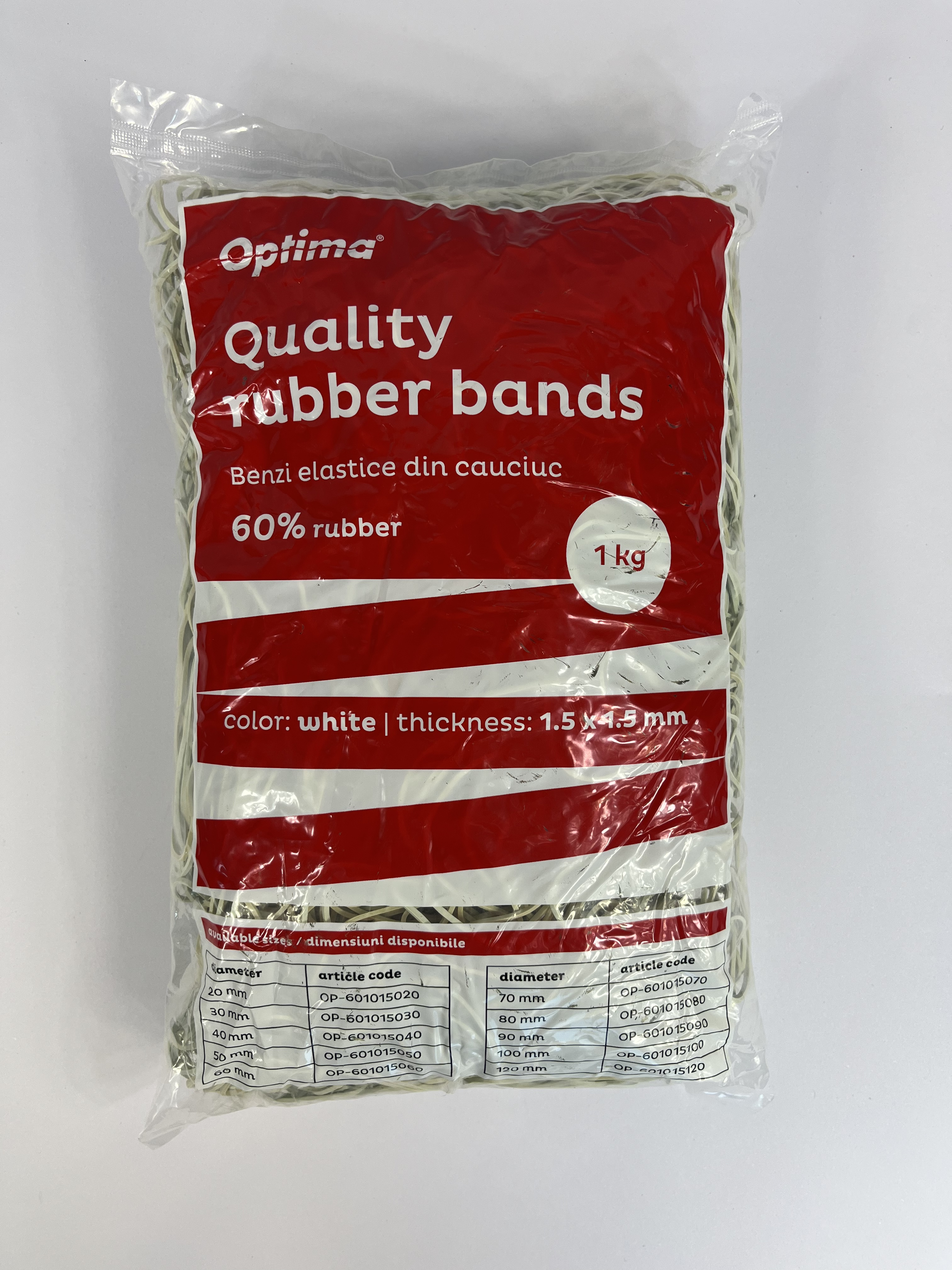 Buretiere, elastice - Elastice pentru bani, 60% cauciuc, 1kg/punga, D 60, grosime 1.5mm x 1.5mm, Optima - albe