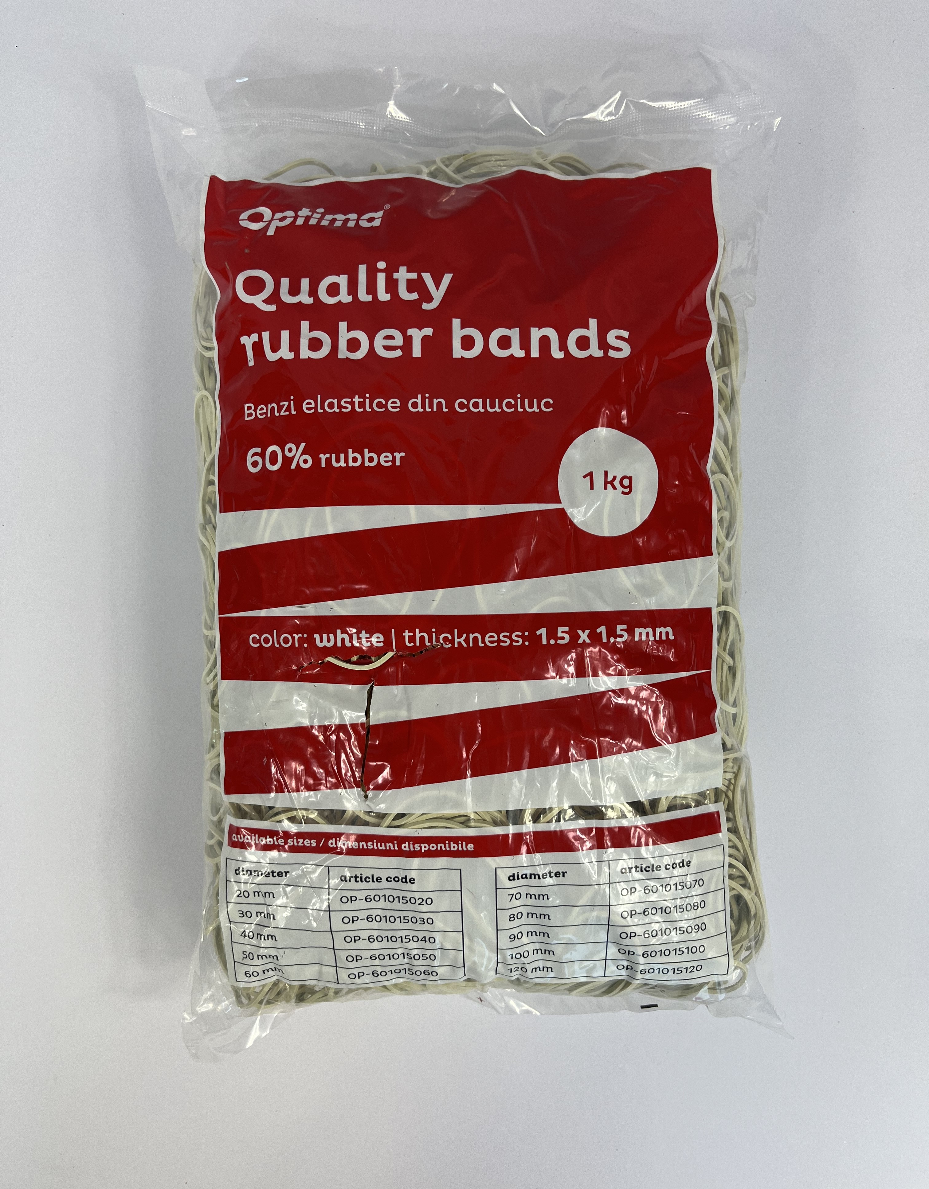 Buretiere, elastice - Elastice pentru bani, 60% cauciuc, 1kg/punga, D 70, grosime 1.5mm x 1.5mm, Optima - albe