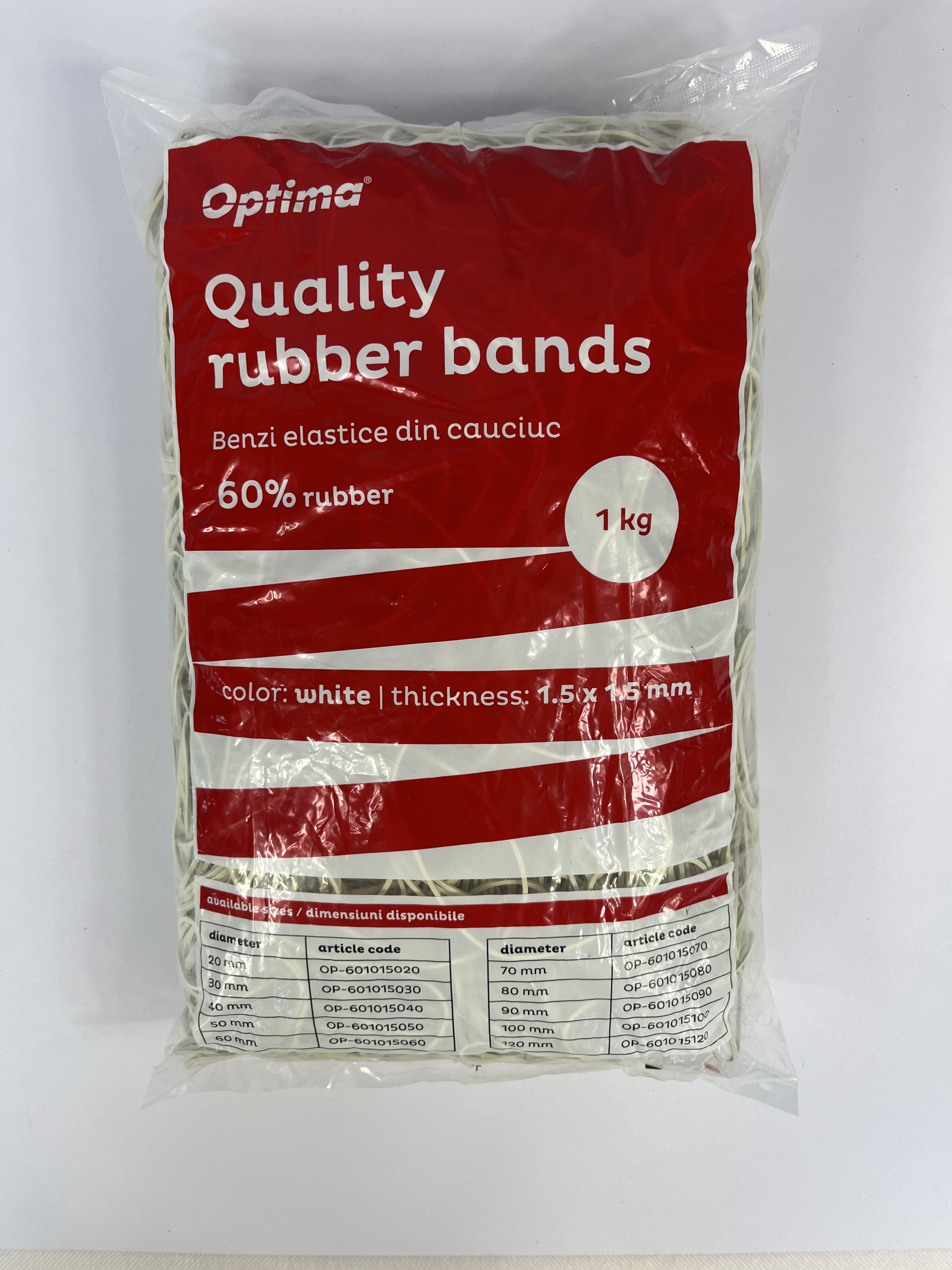 Buretiere, elastice - Elastice pentru bani, 60% cauciuc, 1kg/punga, D 80, grosime 1.5mm x 1.5mm, Optima - albe
