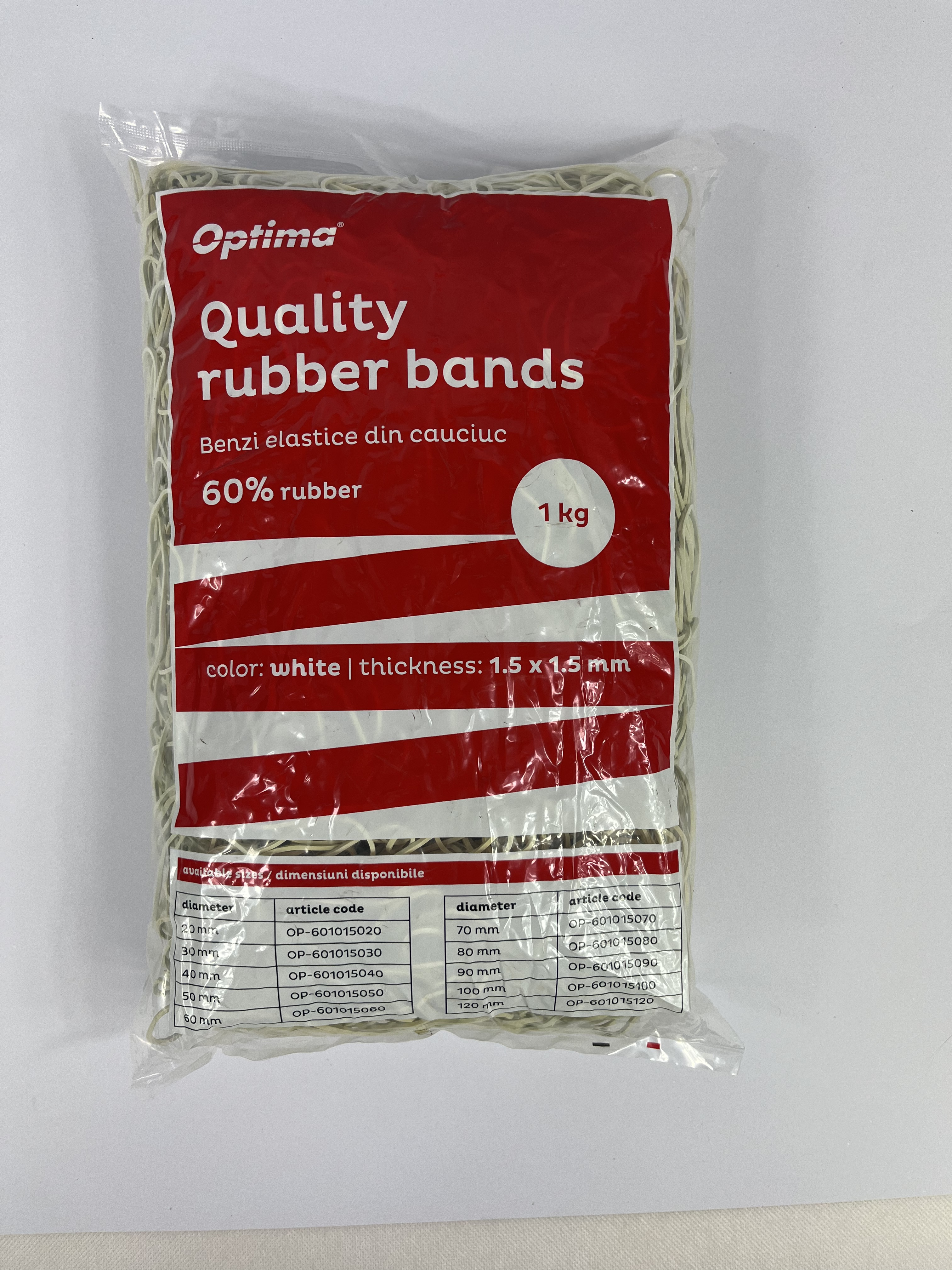 Buretiere, elastice - Elastice pentru bani, 60% cauciuc, 1kg/punga, D 90, grosime 1.5mm x 1.5mm, Optima - albe
