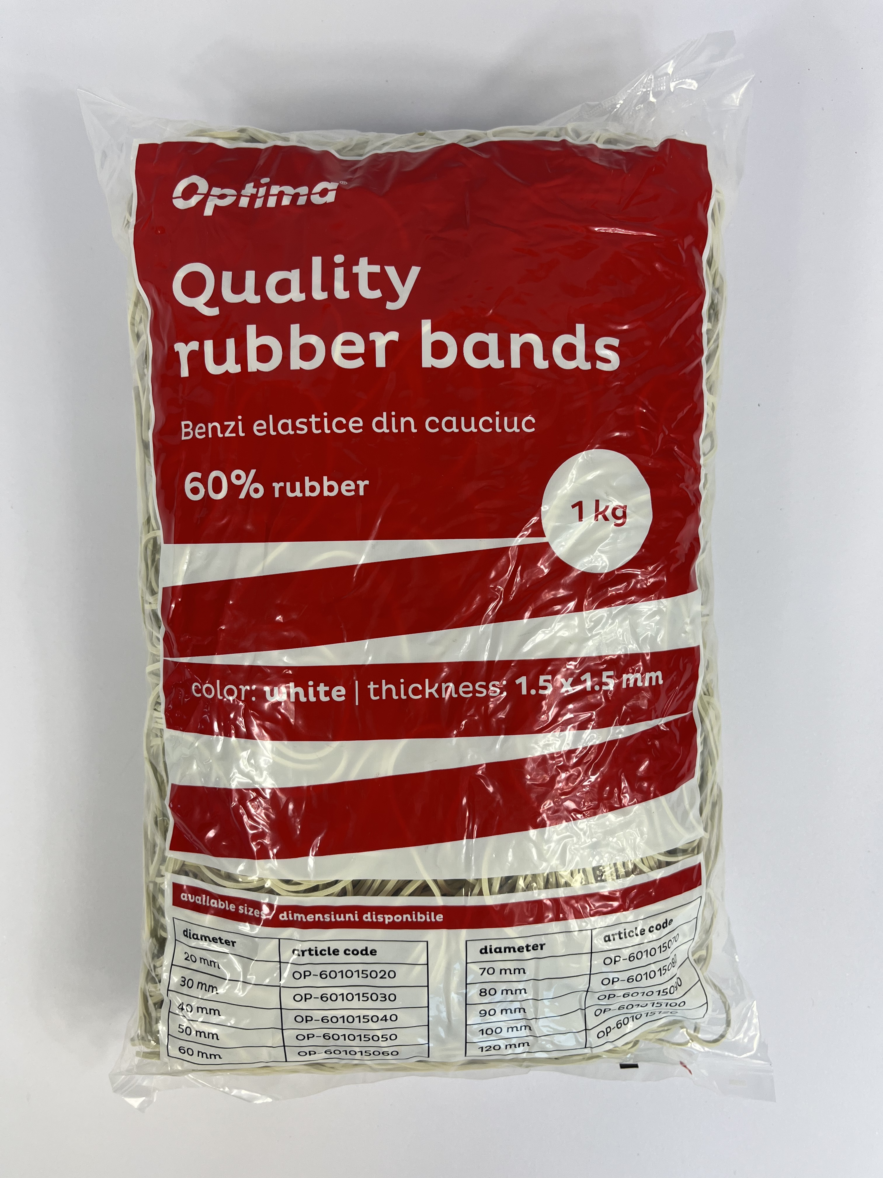 Buretiere, elastice - Elastice pentru bani, 60% cauciuc, 1kg/punga, D100, grosime 1.5mm x 1.5mm, Optima - albe