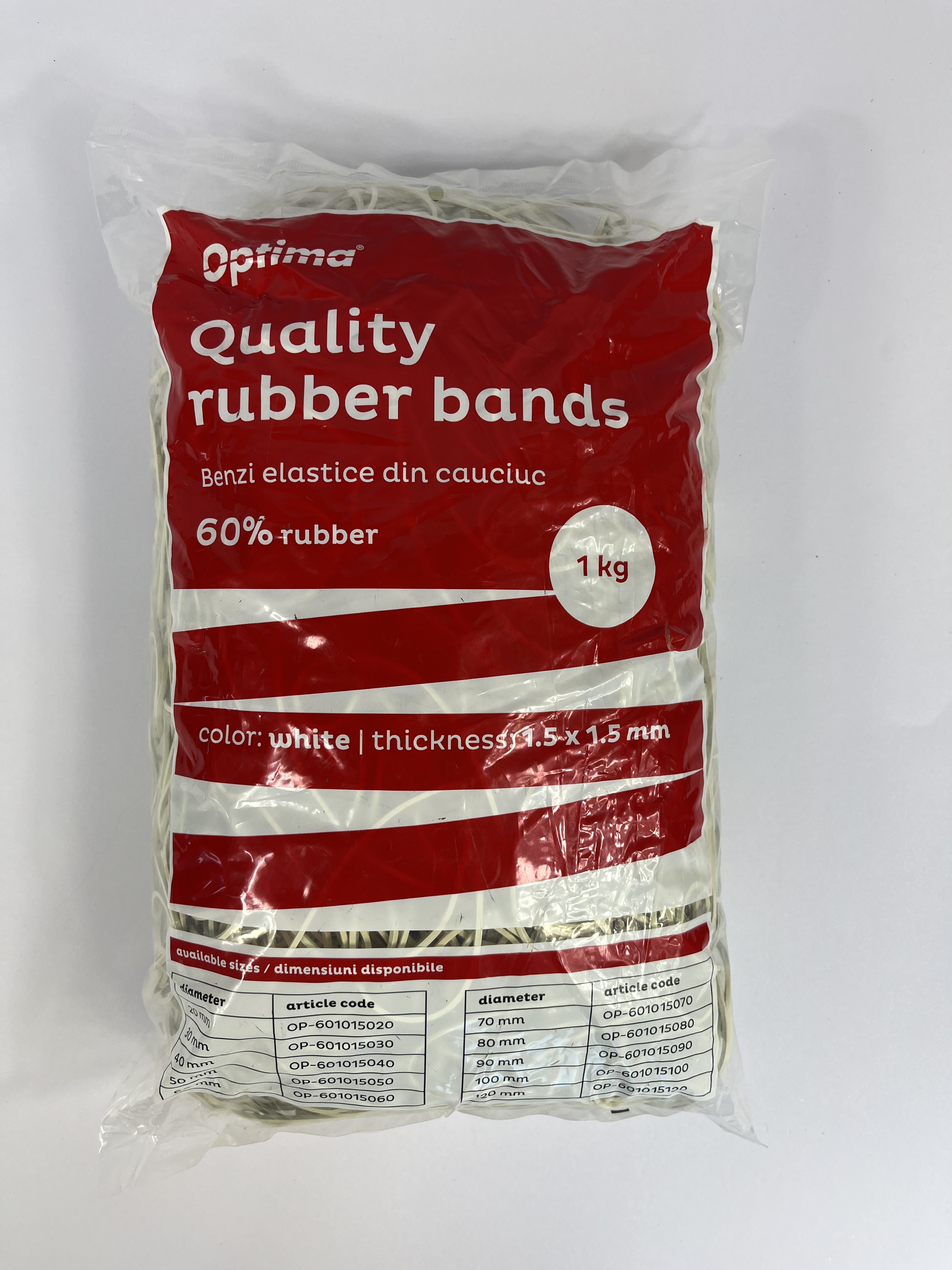 Buretiere, elastice - Elastice pentru bani, 60% cauciuc, 1kg/punga, D120, grosime 1.5mm x 1.5mm, Optima - albe