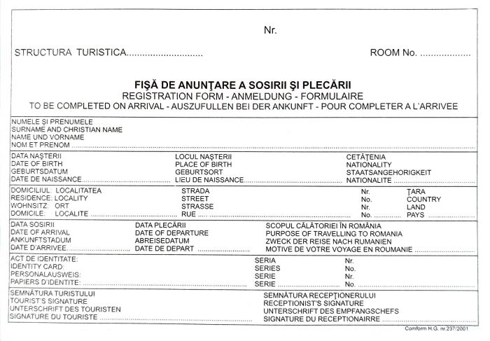 Fisa de anuntare a sosirii si plecarii turistilor, A5 - autocopiativ , 2 ex. [1]