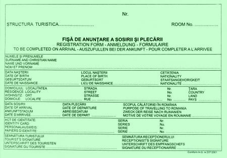 Fisa de anuntare a sosirii si plecarii turistilor, A5 - autocopiativ , 2 ex. [2]