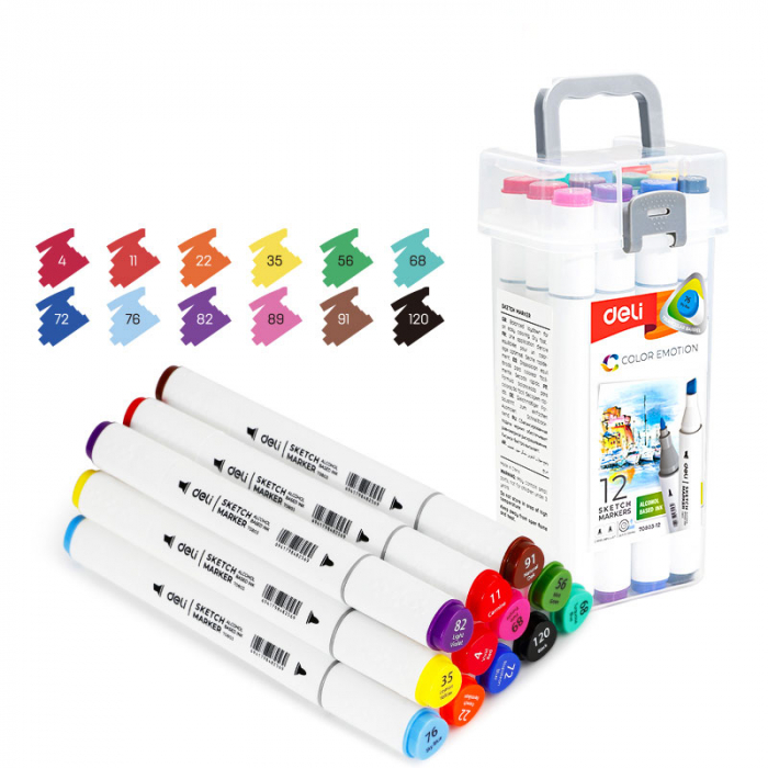 SET 12 MARKERE SKETCHING VARF DUBLU ROTUND 1MM/TESIT 7MM CUT PLASTIC COLOR EMOTION DELI [1]