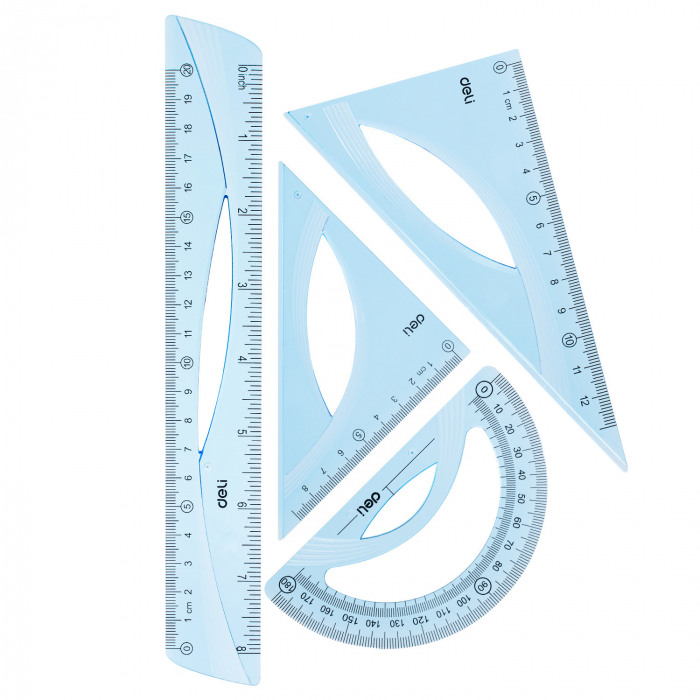 SET GEOMETRIE 4 PIESE ALBASTRU TRANSPARENT (RIG20CM, ECH*2, RAP) DELI [1]