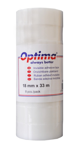 Benzi adezive - Banda adeziva 18mm x 33 m, 50 microni, Optima - mata, invizibila la copiere - se rupe usor, cu mana