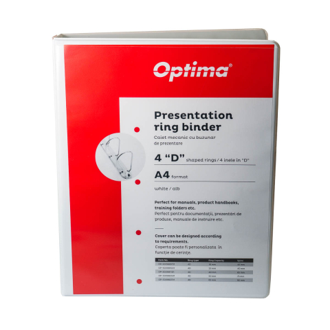 Caiete mecanice - Caiet mecanic cu buzunar, plastifiat PP, 4 inele in "D", 16 mm, cotor 25mm, Optima - alb