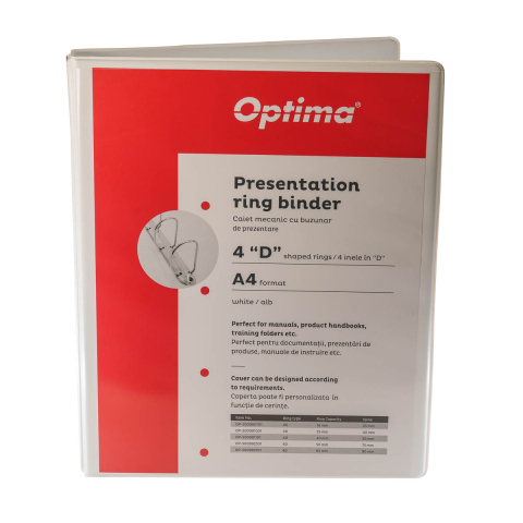 Caiete mecanice - Caiet mecanic cu buzunar, plastifiat PP, 4 inele in "D", 25 mm, cotor 40mm, Optima - alb