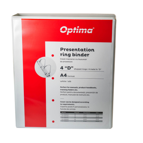 Caiete mecanice - Caiet mecanic cu buzunar, plastifiat PP, 4 inele in "D", 40 mm, cotor 65mm, Optima - alb