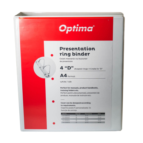 Caiete mecanice - Caiet mecanic cu buzunar, plastifiat PP, 4 inele in "D", 50 mm, cotor 75mm, Optima - alb