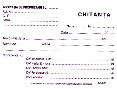 Hartie si articole din hartie - Chitantier pentru asociatii de proprietari, autocopiativ, A6 , 3 ex.(3 x 50 seturi) - personalizat