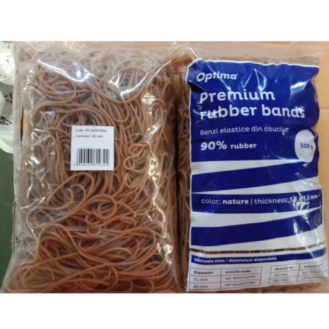 Buretiere, elastice - Elastice pentru bani, 90% cauciuc, 500gr/punga, D 80, grosime 1.5mm x 1.5mm, Optima - natural