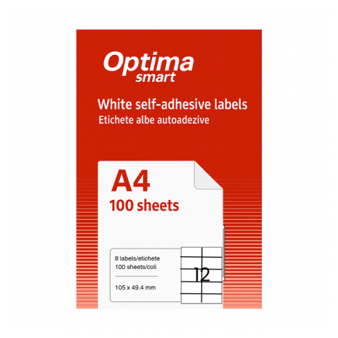 Hartie si articole din hartie - Etichete albe autoadezive 12/A4, 105 x 49.5 mm, 100 coli/top, Optima Smart