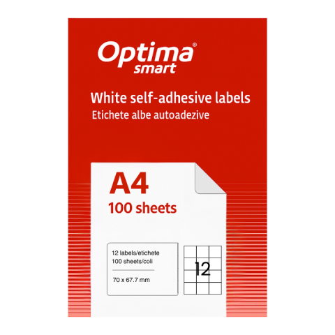 Hartie si articole din hartie - Etichete albe autoadezive 12/A4, 70 x 67.7 mm, 100 coli/top, Optima Smart