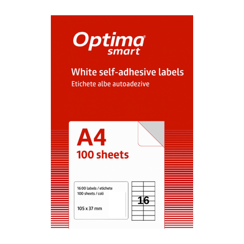 Hartie si articole din hartie - Etichete albe autoadezive 16/A4, 105 x 37 mm, 100 coli/top, Optima Smart