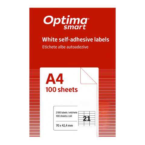 Hartie si articole din hartie - Etichete albe autoadezive 21/A4, 70 x 42.4 mm, 100 coli/top, Optima Smart