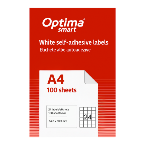 Hartie si articole din hartie - Etichete albe autoadezive 24/A4, 64.6 x 33.9 mm, 100 coli/top, Optima Smart