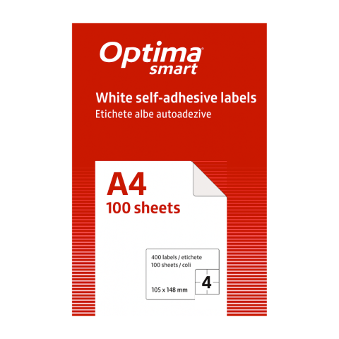 Hartie si articole din hartie - Etichete albe autoadezive 4/A4, 105 x 148.5 mm, 100 coli/top, Optima Smart