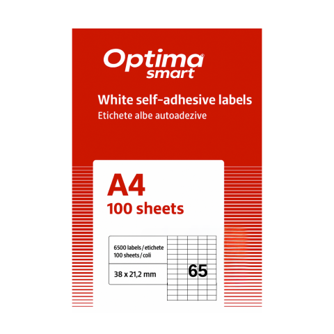 Hartie si articole din hartie - Etichete albe autoadezive 65/A4, 38 x 21.2 mm, 100 coli/top, Optima Smart